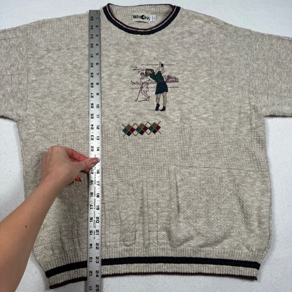 Vintage Winona Golf Embroidered Knit Sweater Womens Large Oatmeal Argyle USA